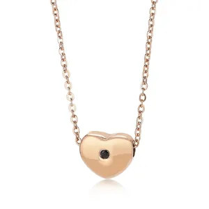 Heart Pendant Necklace 316L Stainless Steel With Black Rhinestone Minimalist Clavicle Chain Jewelry For Women
