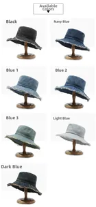 Detailed selection of vintage denim bucket hats in various blue and black color options