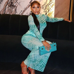 Detail of teal tie-dye mesh maxi dress featuring a high neck and slim fit long sleeves