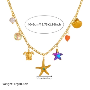 Gold stainless steel ocean necklace with star, turtle and colorful scales charms