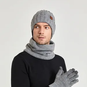 Winter light grey knit set for men and women featuring beanie, scarf, and gloves