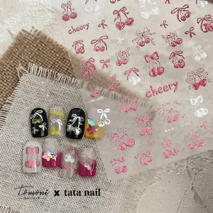 Nail Art Stickers Cherry Bow Pattern 3D Self Adhesive Glitter Metallic Design For DIY Manicure Sweet Fashion Women Accessory