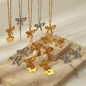 Bowknot Earrings And Pendant Necklace 304 Stainless Steel 18K Gold Plated Waterproof Hypoallergenic Jewelry For Women