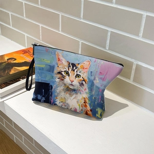 Trousse à maquillage style peinture à l'huile chat avec fermeture éclair noire