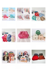 Detailed grid of handmade crochet bags featuring fringes, stripes, and vibrant knit textures