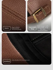 Détails macro de la casquette en cuir marron montrant les coutures et la boucle en bronze