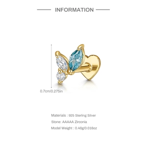 Detail of 925 sterling silver butterfly ear stud with blue marquise zircon and flat heart back