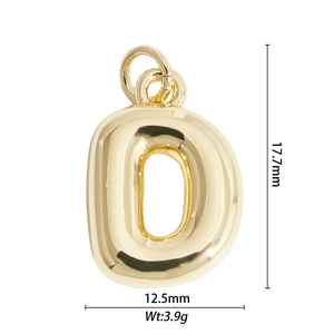 Polished gold letter D balloon pendant with dimensions 17.7mm by 12.5mm and 3.9g weight