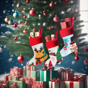 Christmas stocking set with 3D Santa, snowman, and reindeer hanging decorations