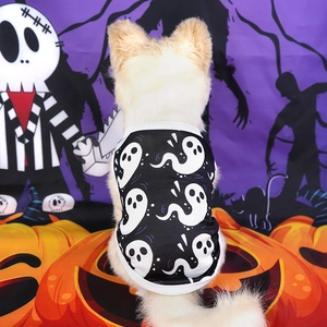 Detail of breathable mesh pet vest with ghost prints for Halloween festive dog costume