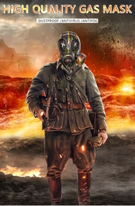 Detailed view of steampunk gas mask with paint splatter in a cinematic war scene