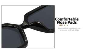 Close-up of comfortable integrated nose pads on luxury black square frame sunglasses