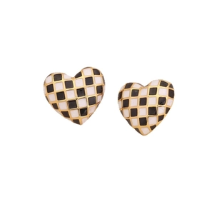 3D heart earrings with black and white checkerboard pattern and gold-plated edges