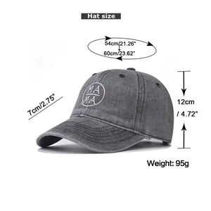 Detailed size chart for gray washed denim MAMA baseball cap with precise measurements