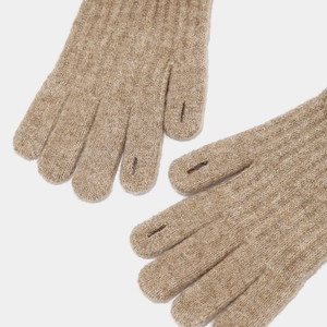 Detail of knitted touchscreen gloves with finger openings in warm oatmeal color