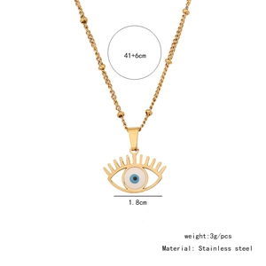 Detail showing dimensions of 1.8cm evil eye pendant and 41+6cm golden beaded chain