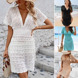Crochet hollow out beach cover up dress with deep V-neck and elastic waist in four colors