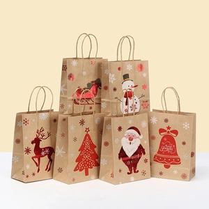 Christmas Gift Bags Kraft Paper Handheld Red Gold Stamping Reindeer Santa Snowman Patterns Holiday Party Favors