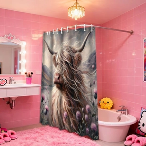 Detail of 3D digital printed highland cow shower curtain in a modern pink bathroom setting