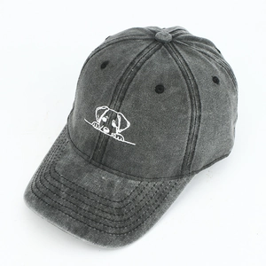 Vintage dunkelgraue Baseballkappe aus gewaschener Baumwolle mit Hunde-Stickerei