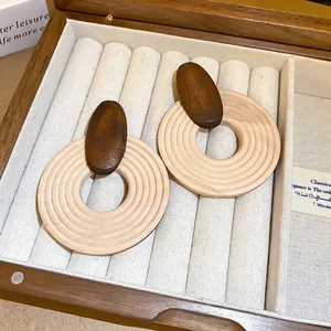Bohemian large wooden hoop earrings with natural wood grain and minimalist geometric design