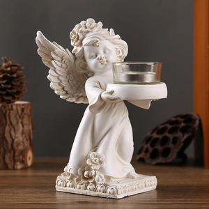 European vintage angel resin candle holder with glass cup for romantic table decor