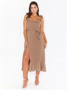Elegant brown midi slip dress with adjustable tie straps, slit hem and ruffled fishtail