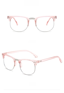 Macro detail of half-rim glasses with transparent pink frames and silver metal accents