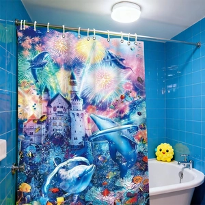 Polyester shower curtain with digital print underwater castle and dolphins in bathroom
