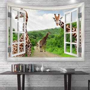 Detailed view of a 3D window tapestry featuring giraffes in nature for room decor
