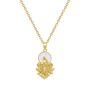 Luxurious gold stainless steel necklace featuring a floral shell Virgin Mary pendant