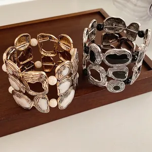 Wide Elastic Bracelet Geometric Irregular Alloy Resin Stone Inlaid Vintage Bohemian Ethnic Bangle Jewelry For Women