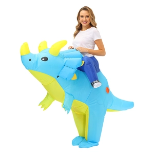 Detailed view of sky blue inflatable triceratops costume with orange blower fan detail