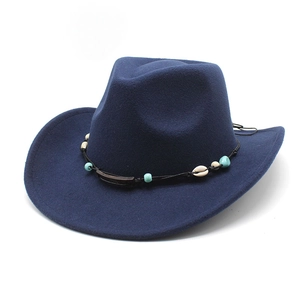 Dark blue felt western cowboy hat with seashell and bead decorative band detail