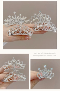 Detailed view of silver princess crown combs featuring pearls and sparkling rhinestones