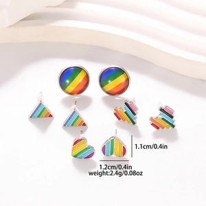 Detail view of heart and geometric rainbow enamel earrings with size measurements