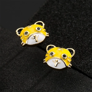 Cartoon tiger stud earrings in 18K gold plated copper with yellow enamel finish