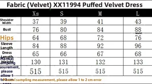 Size chart for velvet dress showing shoulder, bust, waist, and hip data in centimeters