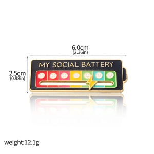Detailed view of interactive slider on My Social Battery enamel pin with dimensions