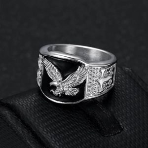 Men's stainless steel eagle ring with black enamel inlay and side cross patterns