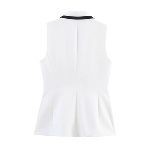 Back view of a white tailored sleeveless blazer vest with black contrast collar trim