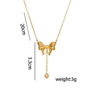 Golden bow heart tassel necklace in titanium steel with dimensions and weight specs