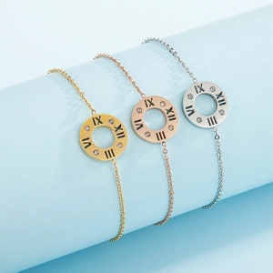 Bracelet Femme En Acier Inoxydable Avec Pendentif Rond Chiffres Romains Et Strass Bijoux Mode Chaîne Réglable