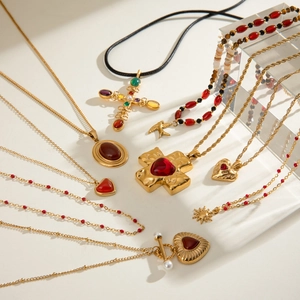 Vintage stainless steel gold necklaces set with colorful gemstone heart and cross pendants