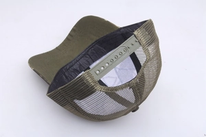 Detail view of army green camo trucker hat with breathable mesh and adjustable snapback