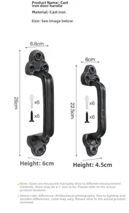 Detailed size specifications for vintage cast iron door handles with installation accessories
