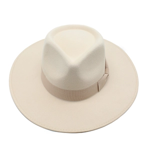 Beige wool felt fedora hat with wide brim and elegant bow ribbon for men and women