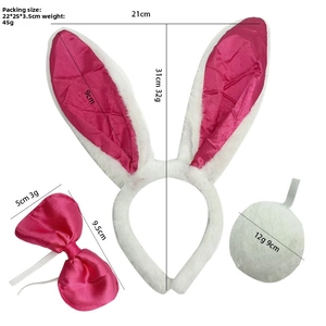 Pink satin bunny ear headband with bow tie and fluffy tail accessory set for Easter