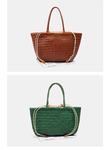 Detail of hand-woven leather tote bags in brown and green with drawstring lining