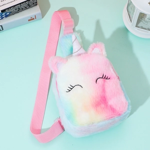 Detail of soft unicorn plush shoulder bag featuring colorful gradient fur and strap